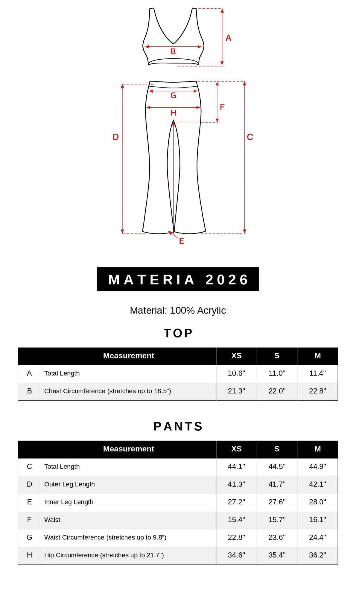 materia size chart